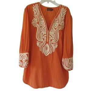TUNICLOVE Beaded Tunic Top Size S Women Embroidered Cotton Boho Retro Orange